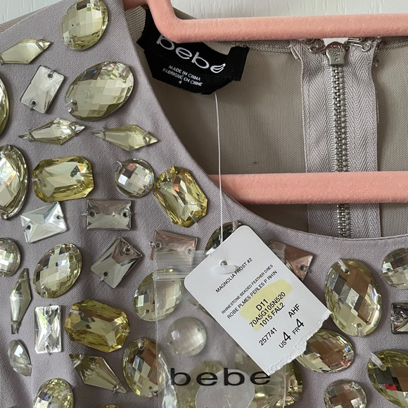 BEBE Rhinestone Beaded Feather Dress in Magnolia Frost Size US 4 - Picture 6 of 11